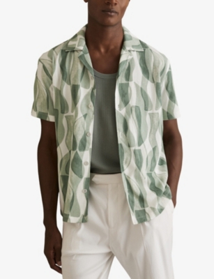 REISS: Taro Graphic-Print Cuban-Collar Stretch-Knit Shirt