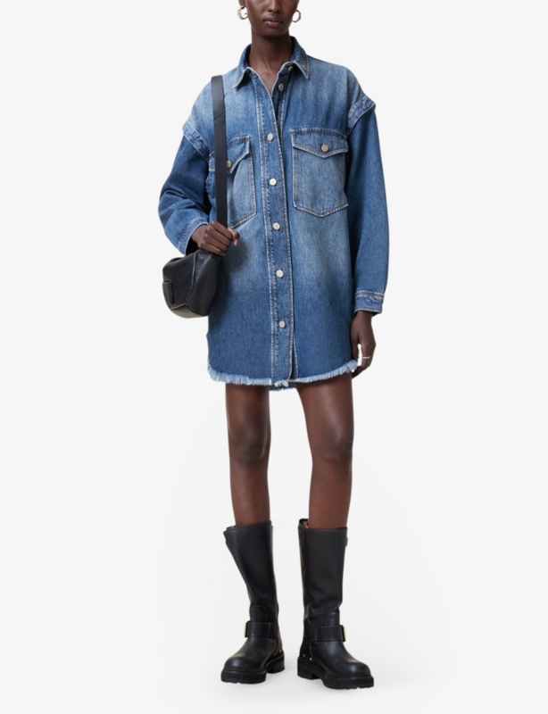 Faye Frayed-Hem Denim Mini Shirt Dress