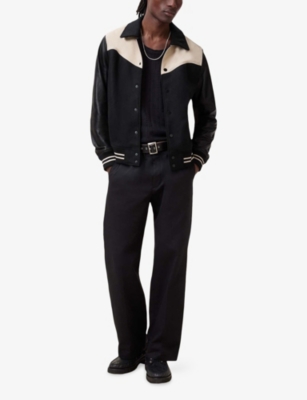 Allsaints Mens Black/ecru Whi Endleton Contrast-panel Leather And Woven Bomber Jacket In Black