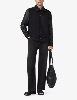 Allsaints Mens Black Endleton Contrast-panel Leather And Woven Bomber Jacket In Black