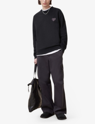 ALLSAINTS MENS WASHED BLACK LOVER HEART-PATCH COTTON JUMPER XS 