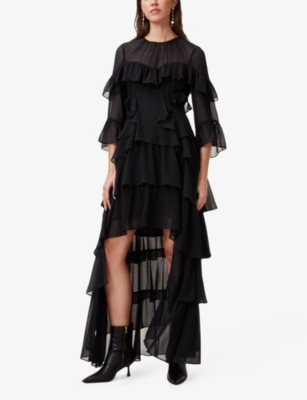 Shop Allsaints Womens Black Nat Ruffled Woven Maxi Dress