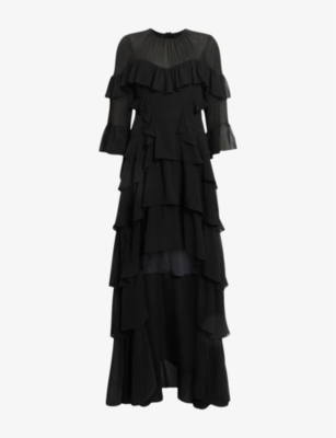 Shop Allsaints Womens Black Nat Ruffled Woven Maxi Dress