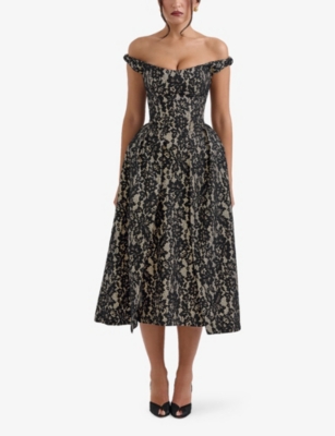 House Of Cb Womens  Charming Off-shoulder Lace Midi Dress In Black Gold