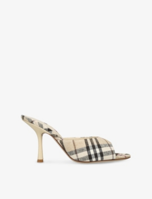 BURBERRY WOMENS CHECK MEWS LINEN-BLEND HIGH-HEEL MULES​ BEIGE COMB