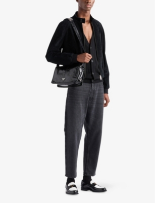 Prada Mens Black Branded-plaque Patent-leather Shoulder Bag In Black