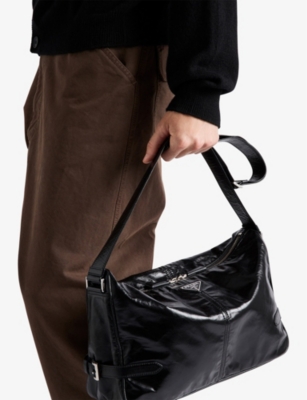 Prada Mens Black Logo-plaque Leather Shoulder Bag In Black