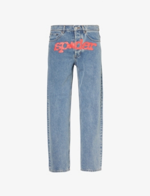 Sp5der Mens Light Wash V3 Brand-print Straight-leg Relaxed-fit Denim Jeans