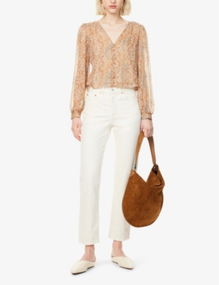 PAIGE WOMENS HONEY MULTI DEZI V-NECKLINE SILK-BLEND BLOUSE 