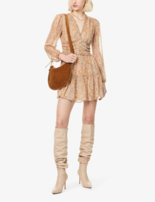 PAIGE WOMENS FLORENTINE V-NECK SILK-BLEND MINI DRESS HONEY MULTI 