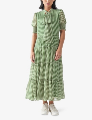 Lk Bennett Womens Mul-green Coco Tie-neck Petite Woven Midi Dress In Mul-green
