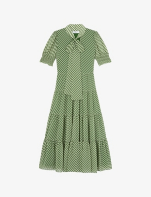 Lk Bennett Womens Mul-green Coco Tie-neck Petite Woven Midi Dress In Mul-green