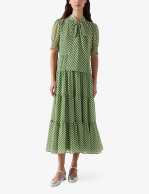 Lk Bennett Womens Mul-green Coco Tie-neck Petite Woven Midi Dress In Mul-green