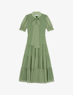 Lk Bennett Womens Mul-green Coco Tie-neck Petite Woven Midi Dress In Mul-green