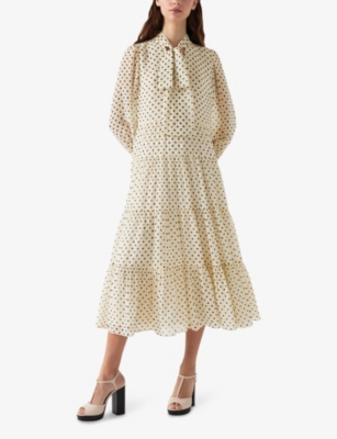 LK BENNETT: Polly Tie-Neck Polka-Dot Woven Midi Dress