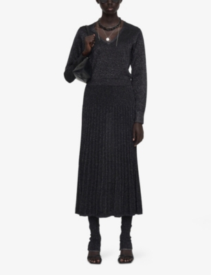 Elasticated-Waist Mid-Rise Shimmer Pleated Knitted Midi Skirt