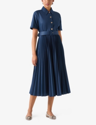Lk Bennett Womens Blu-navy Cally Pleated Cotton-blend Shirt Dress In Blu-navy