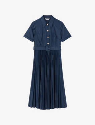 Lk Bennett Womens Blu-navy Cally Pleated Cotton-blend Shirt Dress In Blu-navy