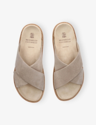 BRUNELLO CUCINELLI: Cross-Strap Suede Flat Sandals