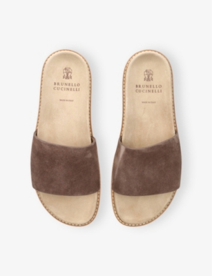 Brunello Cucinelli Suede Slide With Logo Print In Grey/dark
