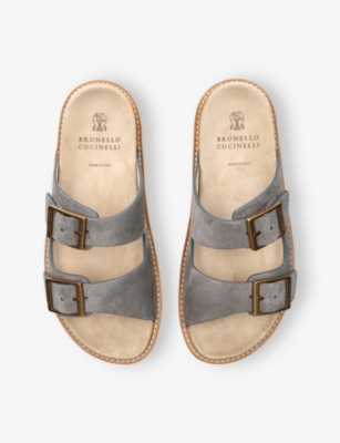 Brunello Cucinelli Pebble Silver-toned-hardware Leather Sandals In Grey/dark