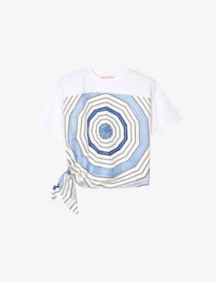 Sandro Womens Bleus Spiral-print Side-tie Cotton T-shirt