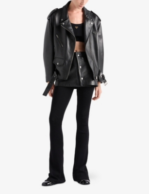 PRADA: Logo-Plaque Leather Biker Jacket