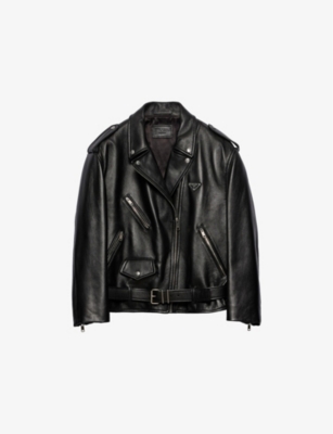 PRADA: Logo-Plaque Leather Biker Jacket