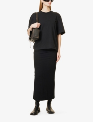 ENTIRE STUDIOS WOMENS SOOT SURGE DRAPED STRETCH-BLEND MIDI SKIRT 