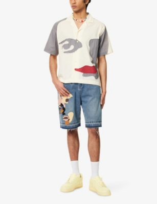 KIDSUPER: Patchwork Face Short-Sleeves Cotton and Linen Shirt
