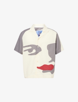 KIDSUPER: Patchwork Face Short-Sleeves Cotton and Linen Shirt