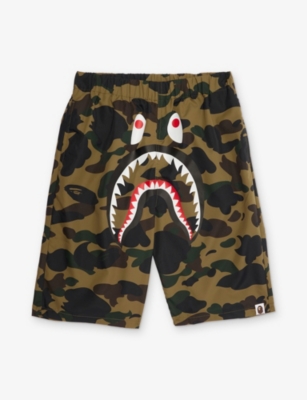 A BATHING APE: Camo Shark-Print Swim Shorts 10-13 Years