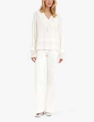 The Kooples Cotton Lace-trim Blouse In Ecru