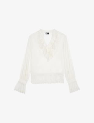 The Kooples Cotton Lace-trim Blouse In Ecru