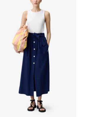 CLAUDIE PIERLOT: Button-Trim Belted Linen-Blend Midi Skirt