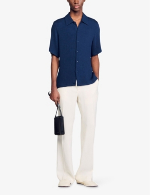 Sandro Mens Bleus Crinkled Micro-pleat Woven Shirt In Bleus