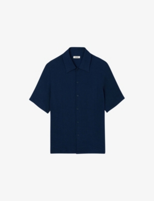 Sandro Mens Bleus Crinkled Micro-pleat Woven Shirt In Bleus