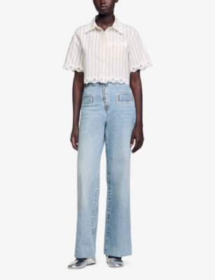 SANDRO: Lace-Trim Striped Cropped Cotton And Linen-Blend Shirt