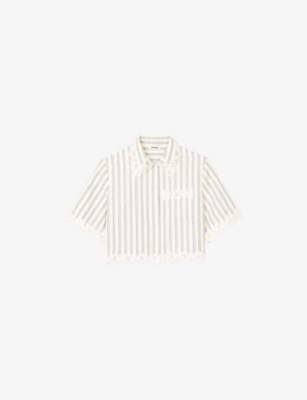 Sandro Womens Naturels Lace-trim Striped Cropped Cotton And Linen-blend Shirt