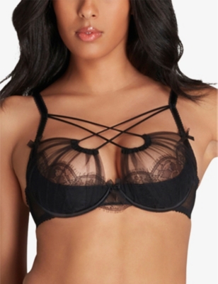 AGENT PROVOCATEUR WOMENS BLACK HALLEY CROSSOVER UNDERWIRED SATIN AND LACE DEMI-CUP BRA 
