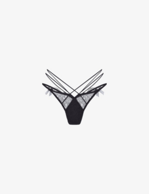 AGENT PROVOCATEUR: Halley Bow-Embellished Stretch-Mesh Thong