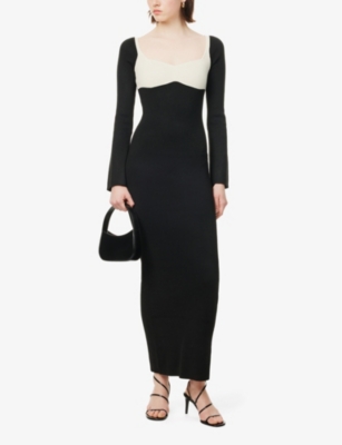 Pretty Lavish Womens  Freya Flared-sleeve Stretch-knit Maxi Dre In Black And Cream