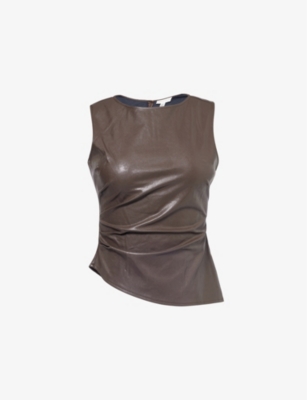 Pretty Lavish Womens Brown Maeve Ruched Faux-leather Top In Gray