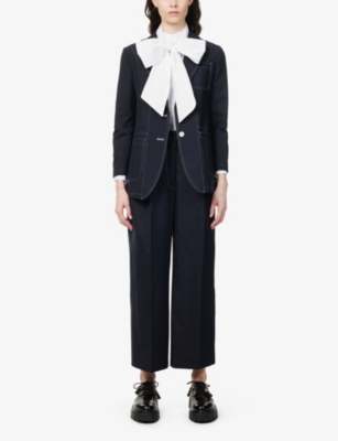 Shop Thom Browne Womens Navy School Uniform Pleated Wide-leg High-rise Wool-blend Trousers