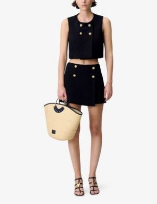 Claudie Pierlot Womens Round-neck Floral-button Woven Waistcoat Black In Black