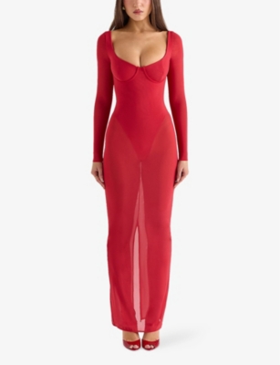 Shop House Of Cb Of Cb Womens Holly Red Everly Mesh Maxi Dress With Bodysuit