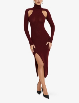 Shop Mistress Rocks Womens Dark Cherry Cut-out High-neck Jersey Midi Dress