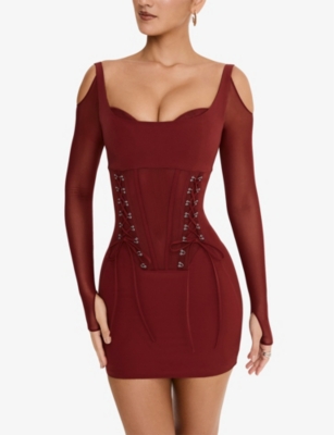 Mistress Rocks Womens Lace-up Corset Stretch-woven Mini Dress Dark Cherry In Dark Cherry