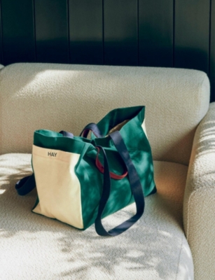 Hay Womens Small Weekend Colour-block Cotton-canvas Tote Bag Dark Green Multi In Dark Green Multi