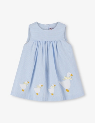 TROTTERS: Stripe-Print Duck-Embroidered Cotton Pinafore Dress 3-24 Months
